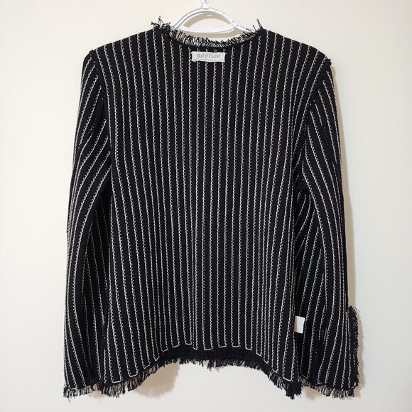 Ball of Cotton Womens Wool-Blend Knit Button-Up Jacket M Black White Fringe USA - Picture 5 of 9